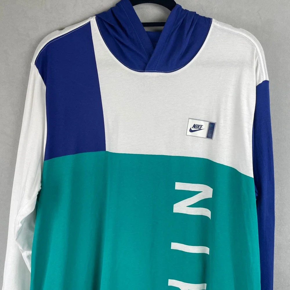 Nike Tee Athletic Cut Colorblock Retro Y2K Long Sleeve Hoodie Green Blue Sport L